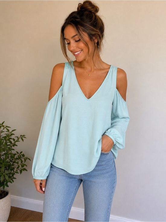 Jennifer Lopez Tops - Cold-Shoulder V-Neck Top in Light Aqua Sz M